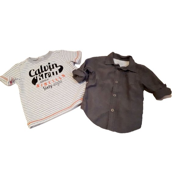 Calvin Klein CK Boy Toddler Set of 2 Stripe T-Shirt & Button L/S Shirt Grey 24 M - Picture 1 of 1